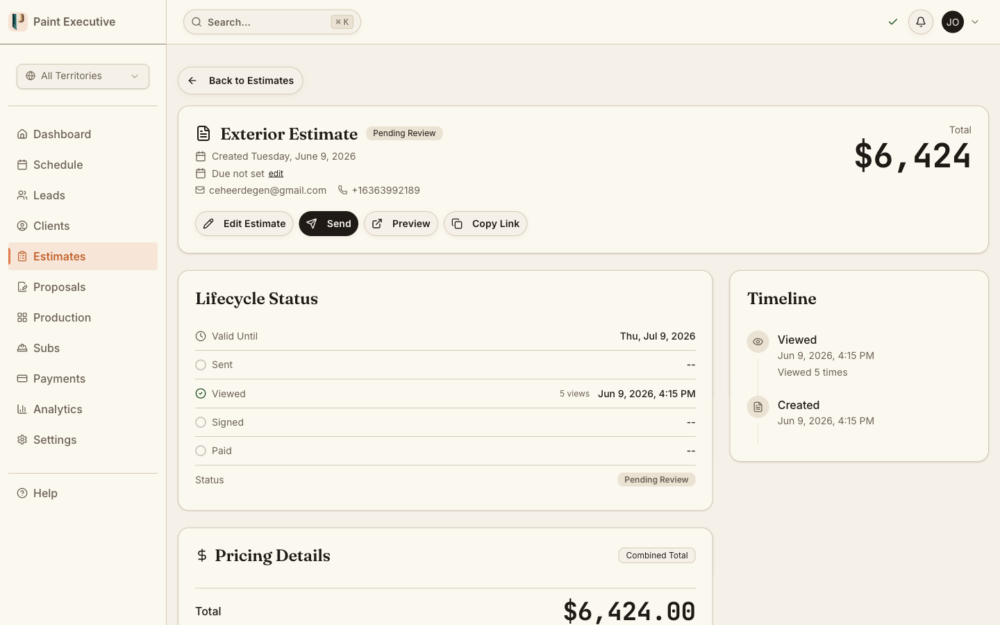 Multi-option estimate view showing good, better, and best pricing tiers