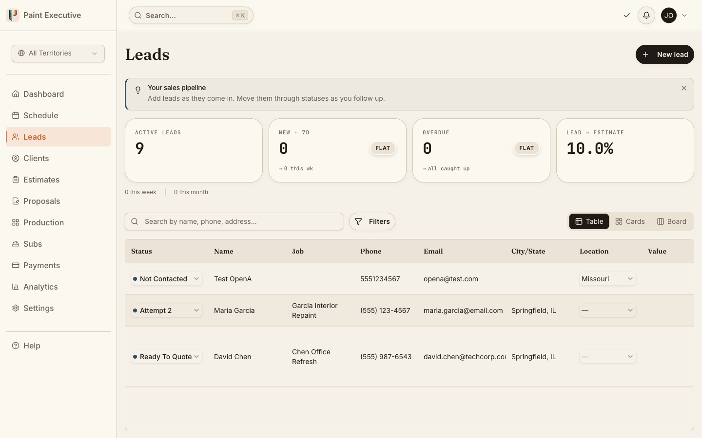 Lead Management screen in Paint Executive