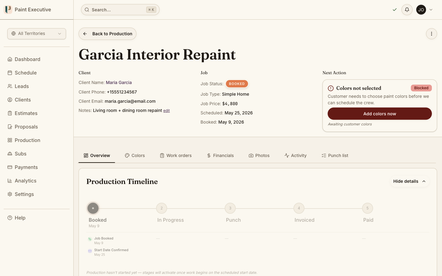 Production Tracking screen in Paint Executive