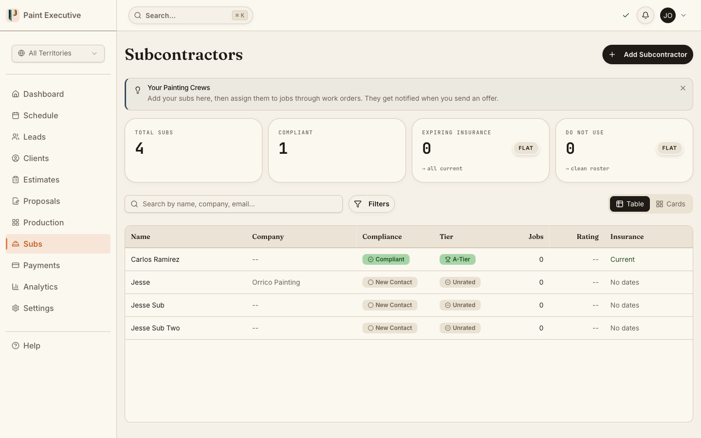 Subcontractor Portal screen in Paint Executive