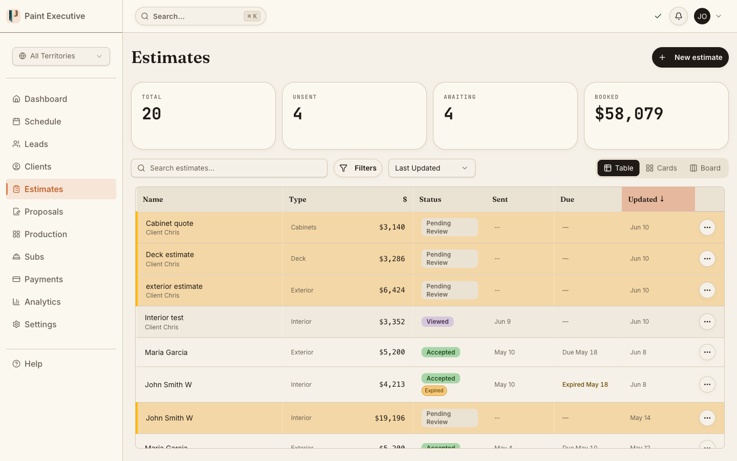 Paint Executive estimates dashboard showing 20 estimates, $58,079 booked, and per-estimate status across pending, viewed, and accepted